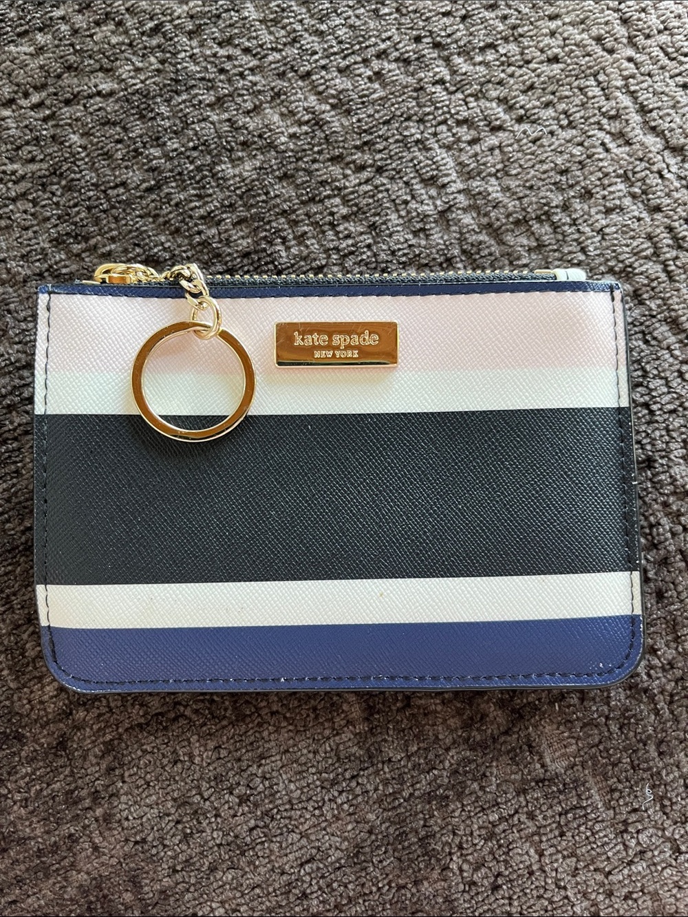 kate spade Striped Card Case with Keyring in Navy, Black & Blush
